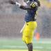 Michigan junior quarterback Denard Robinson smiles as he gets the crowd pumped up in between plays and before a second rain delay during the third quarter of the season home opener against Western Michigan at Michigan Stadium on Saturday. 